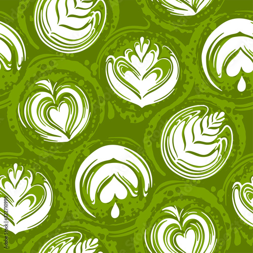 Botanical arts on the matcha coffee or tea surface. Seamless pattern