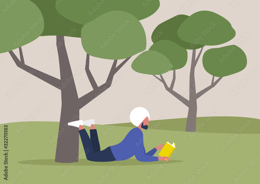 Young indian male character reading a book under the tree, summer recreation, outdoor, forest or park landscape