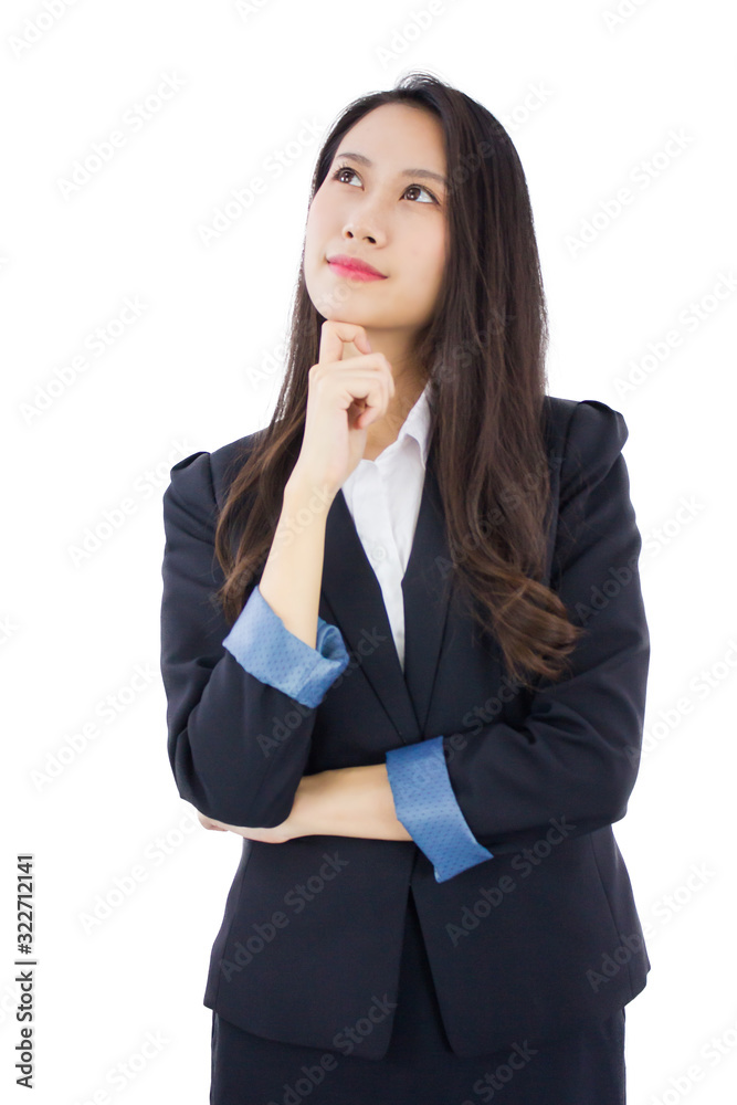 Portrait of young asian business woman thinking isolated white background. Portrait of young asian business woman thinking isolated white background.