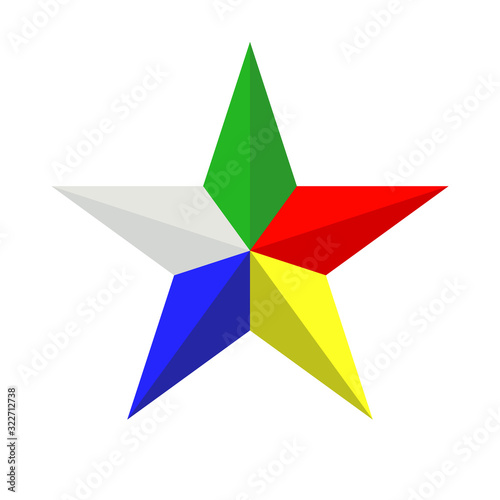 Five-pointed star with rays of green, red, yellow, blue and white. Vector illustration.