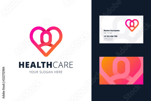 Health care logo and business card template. Heart and man shapes in origami, line style. Logotype for a clinic, medical center, health caring