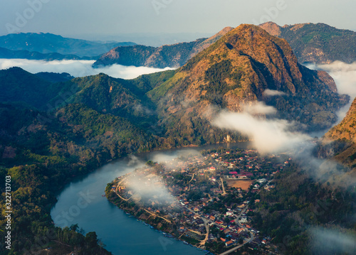 Aerial view of Nong Khiaw village at sunrise, Laotian, Luang Prabang, Laos