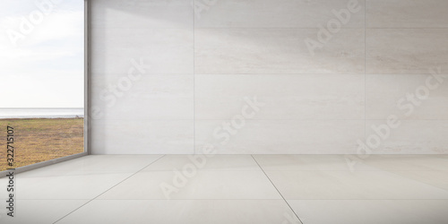 Mock-up of marble empty room and tiles floor with sun light cast the shadow on the wall,Perspective of minimal interior design on sea background. 3D rendering. © nuchao