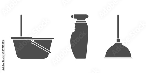Cleaning kit icon. Household cleaning, washing products flat vector illustrations. Domestic chores, housekeeping equipment isolated. Vector illustration.