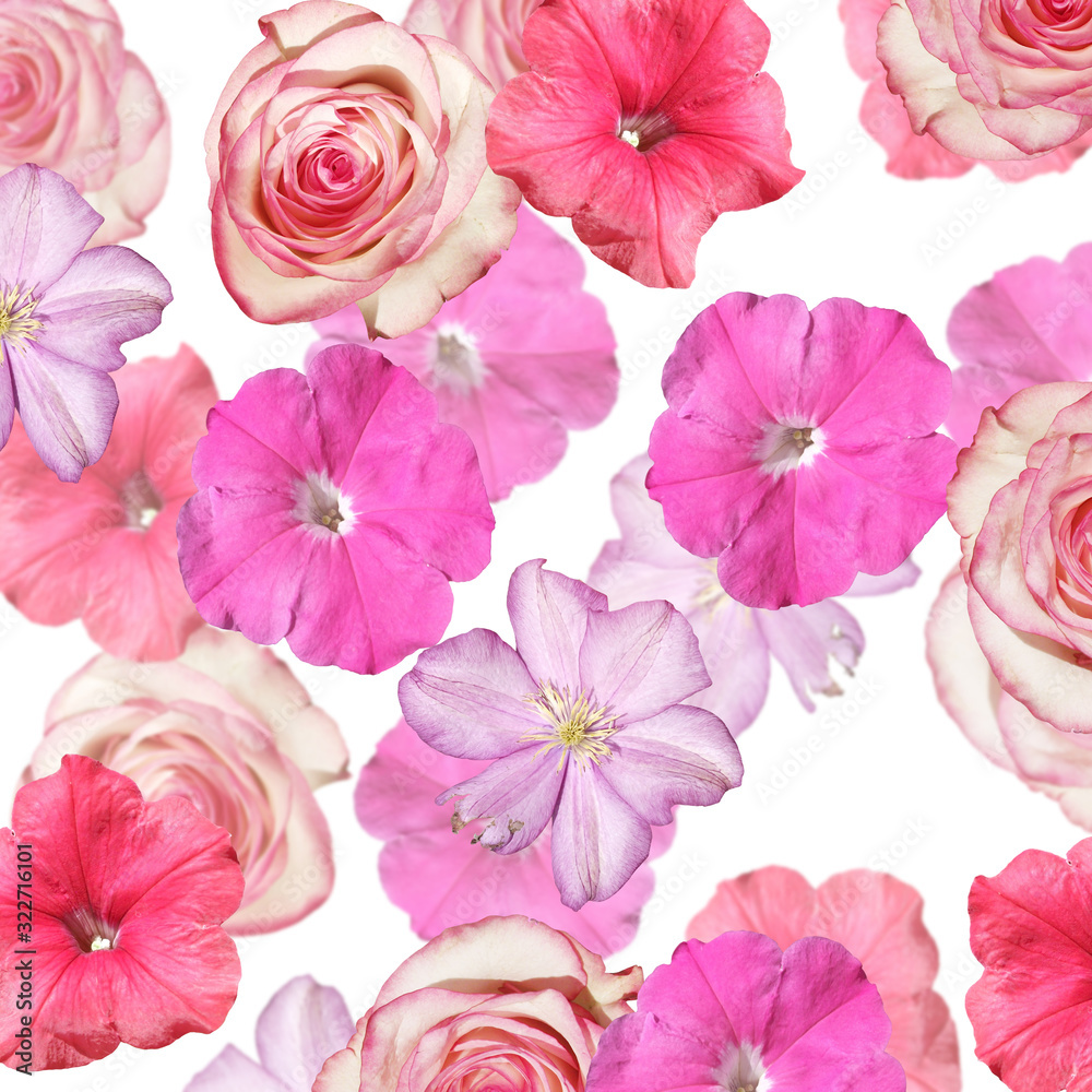 Beautiful floral background of clematis, roses and petunias. Isolated