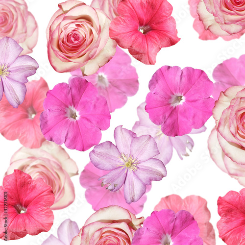 Beautiful floral background of clematis  roses and petunias. Isolated