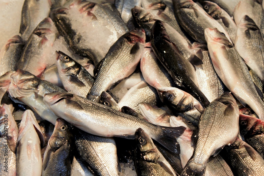 Obraz premium Stall with sea breams at fish market in Athens, Greece