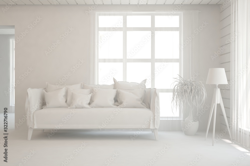 Fototapeta premium Mock up of stylish room in white color with sofa. Scandinavian interior design. 3D illustration