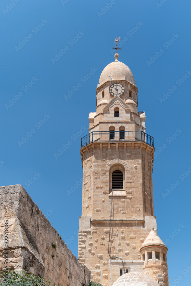 Bell Tower at Dormition Abbey on Mount Zion in Jerusalem, Israel