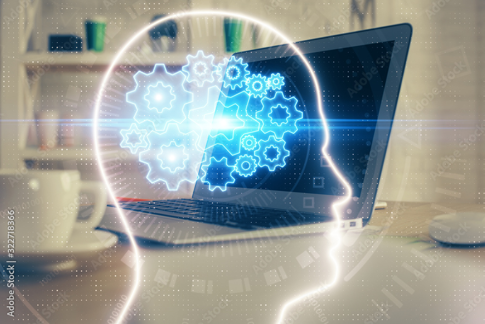Multi exposure of work table with computer and brain hologram. Brainstorm concept. Multi exposure of work table with computer and brain hologram. Brainstorm concept.