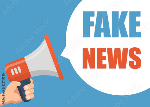 Fake News - Male hand holding megaphone. Flat design. Can be used business company for social media, networks, promotion and advertising.