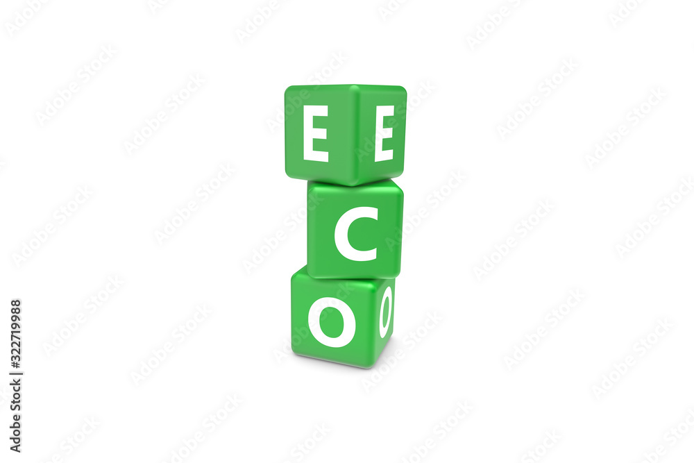 3D Rendering Eco Text on Green Square Boxes 3D Rendering Eco Text on Green Square Boxes