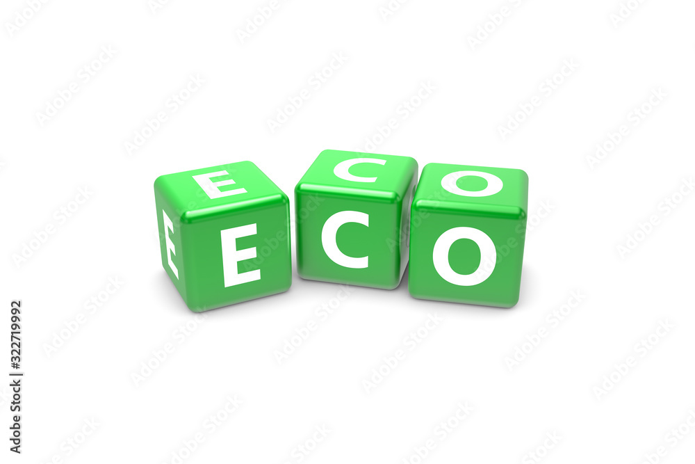 3D Rendering Eco Text on Green Square Boxes 3D Rendering Eco Text on Green Square Boxes