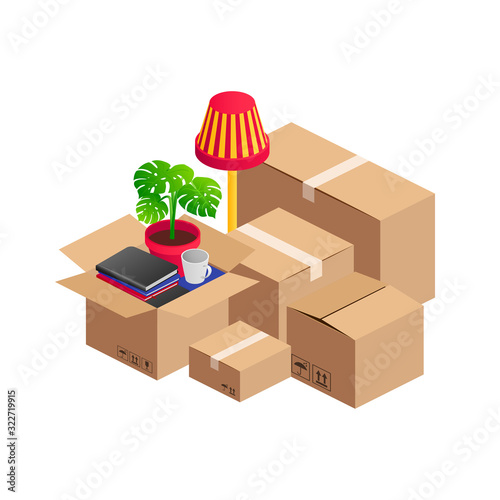 Isometric stack of cardboard boxes and home furniture books, plant, floor lamp isolated. 3D relocation service, transport company, moving to new house or office concept. Vector illustration