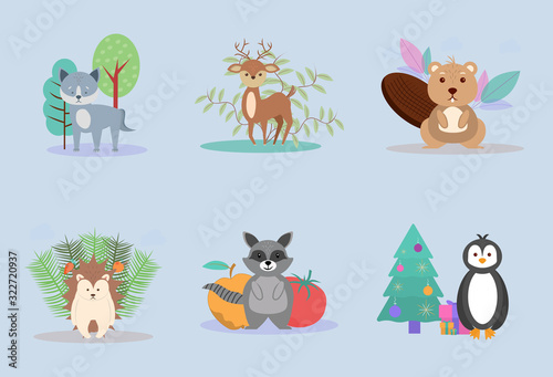 Animals wolf, deer, beaver, raccoon, penguin and hedgehog. Colorful vector illustration