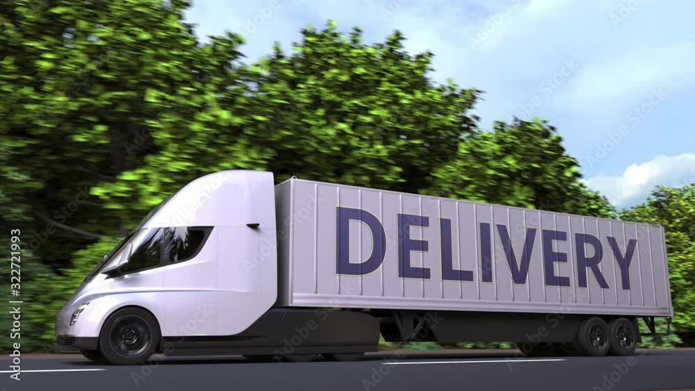 Modern electric semi-trailer truck with DELIVERY text on the side. Loopable 3D animation