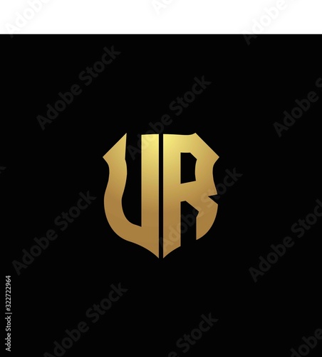 UR logo monogram with gold colors and shield shape design template