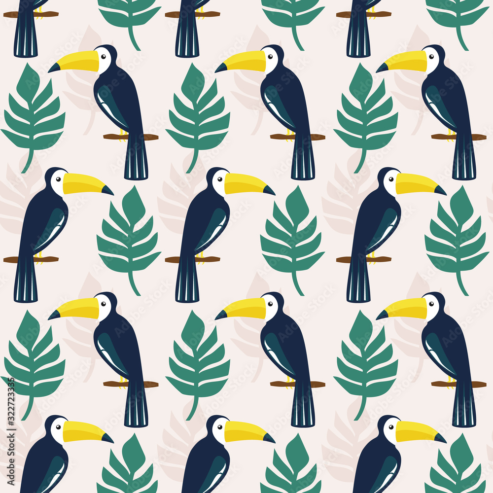 Fototapeta premium Seamless pattern, birds, palm leaves, hand drawn overlapping backdrop. Colorful background vector. Cute illustration, toucans. Decorative wallpaper, good for printing