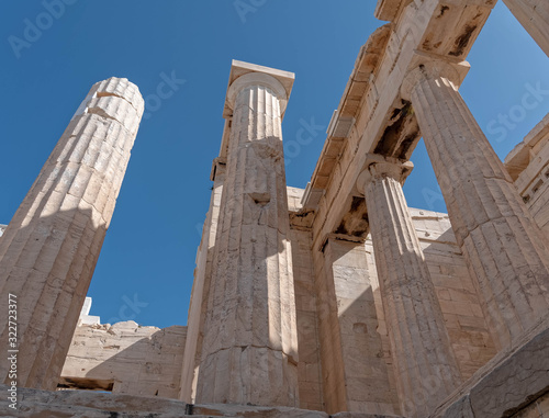 Athens Greece, Prpylaea columns of Acropolis entrance, extreme perspective