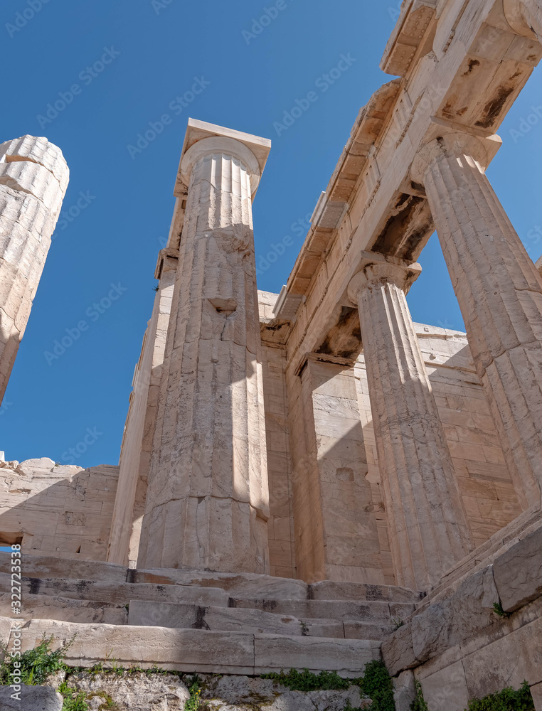 Athens Greece, Prpylaea columns of Acropolis entrance, extreme perspective