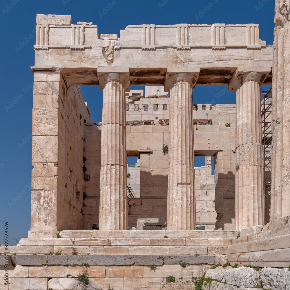 Athens Greece, Prpylaea columns of Acropolis entrance Athens Greece, Prpylaea columns of Acropolis entrance