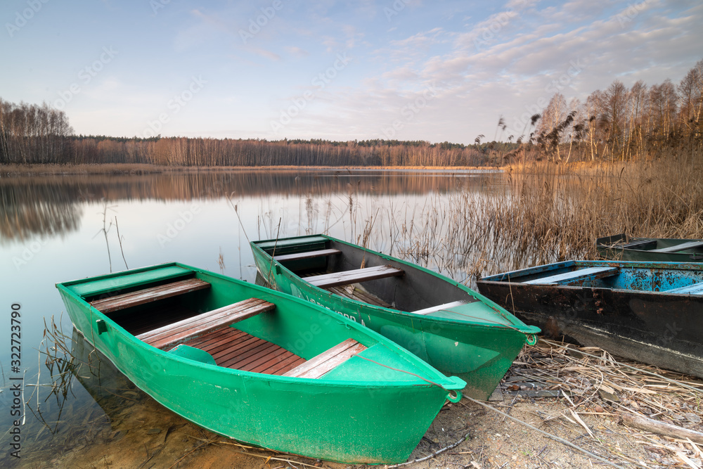 Fishing boats at the lake in the morning.