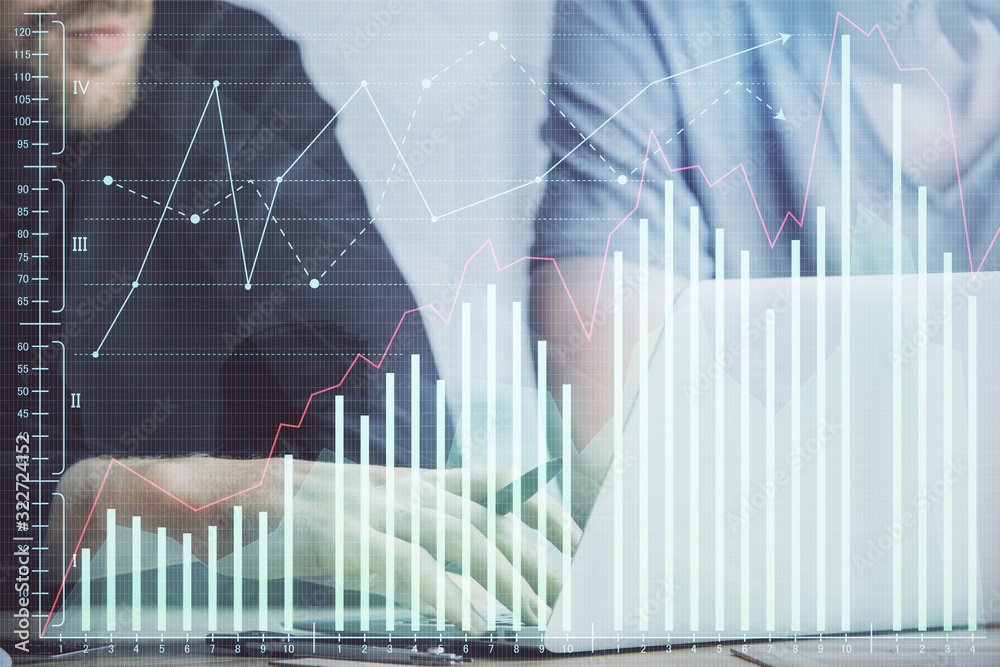 Forex graph with businessman typing on computer in office on background. Concept of analysis. Double exposure. Forex graph with businessman typing on computer in office on background. Concept of analysis. Double exposure.