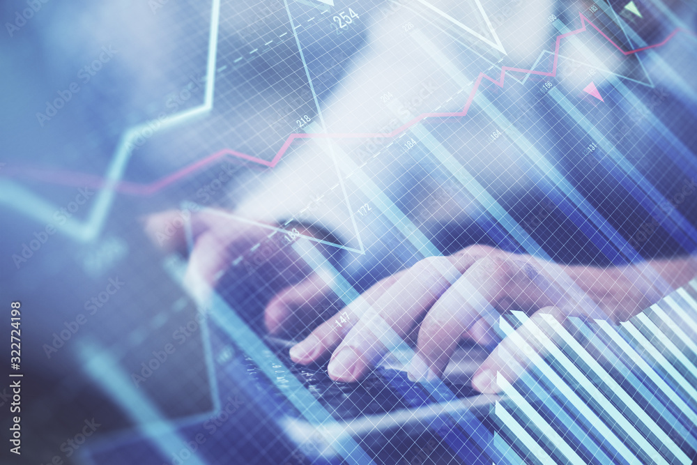 Forex graph with businessman working on computer in office on background. Concept of hardworking. Multi exposure. Forex graph with businessman working on computer in office on background. Concept of hardworking. Multi exposure.