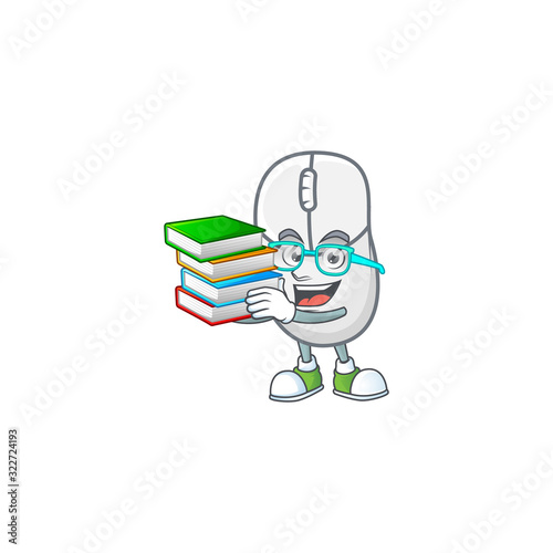 A brainy clever cartoon character of white mouse studying with some books