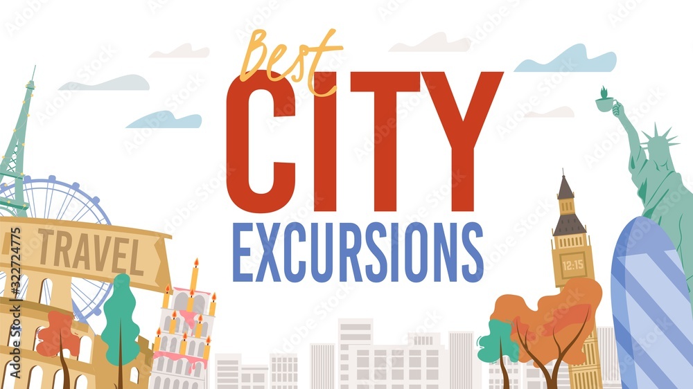 Obraz premium Best City Excursion and Worldwide Travelling Poster. Famous Landmark, Building, Statue, Monument in Europe, America. Time to Travel. Architecture Attraction Sightseeing. Vector Tourism Illustration