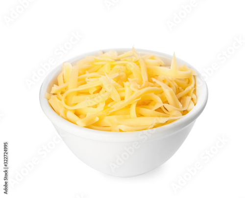 Bowl with grated cheese isolated on white