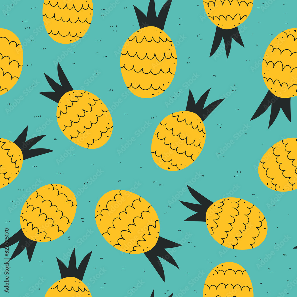 Fototapeta Summer seamless pattern with cartoon pineapples, decor elements on a neutral background. colorful vector. hand drawing, flat style. design for fabric, print, textile, wrapper