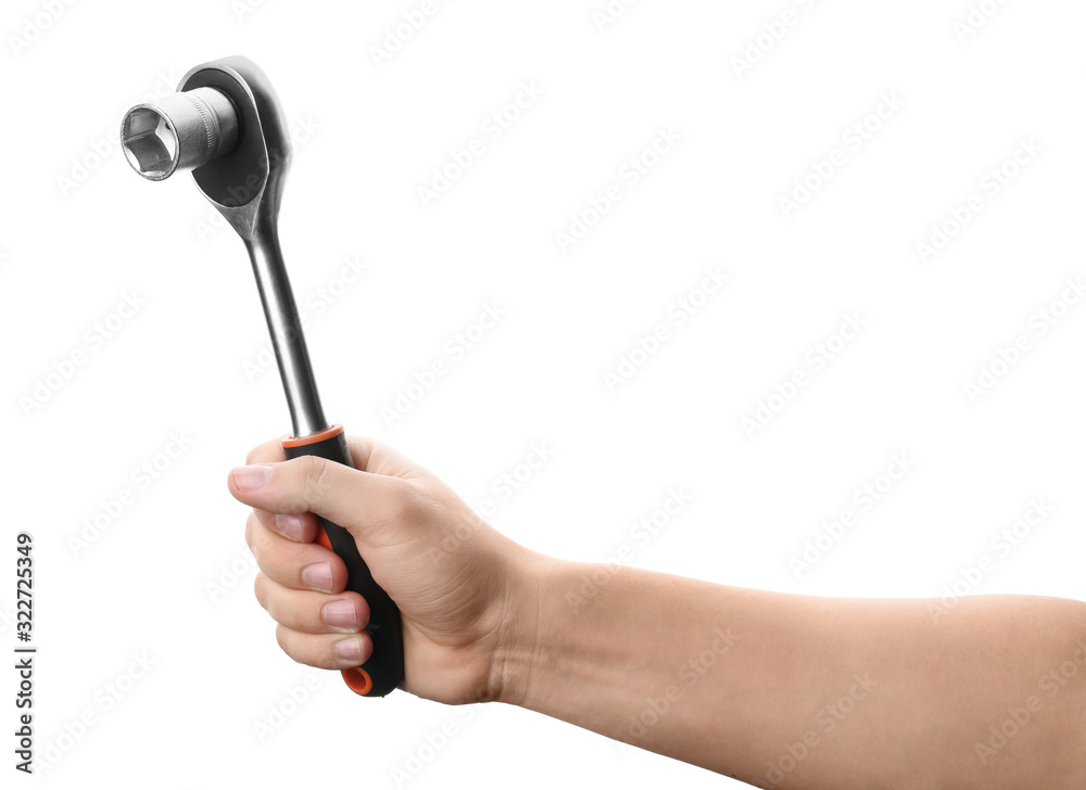 Auto mechanic holding socket wrench isolated on white, closeup Auto mechanic holding socket wrench isolated on white, closeup