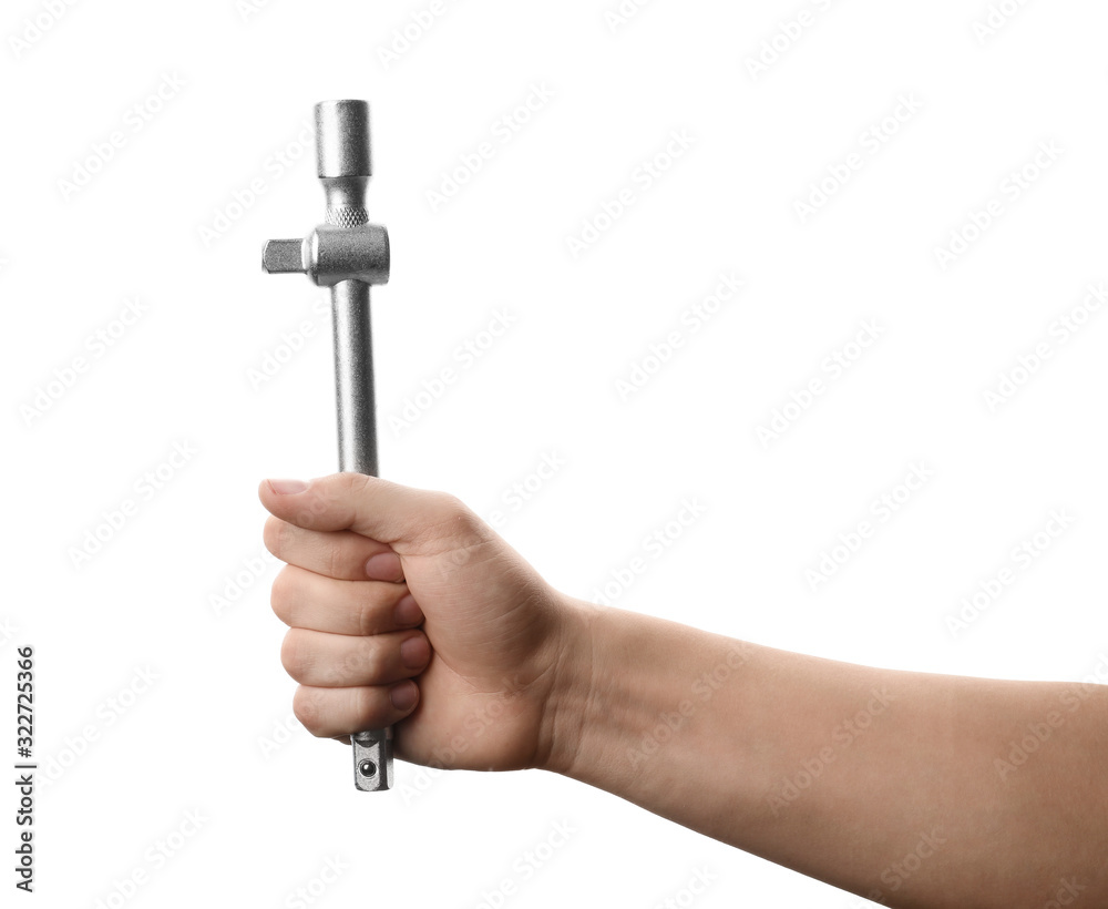 Auto mechanic holding breaker bar isolated on white, closeup Auto mechanic holding breaker bar isolated on white, closeup