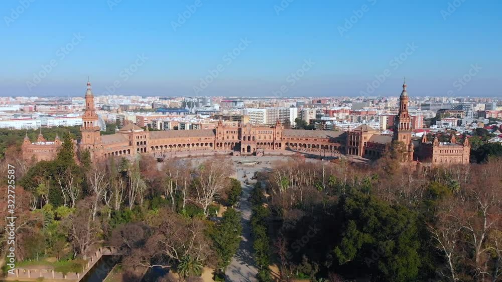 Wide Aerial Shot of Plaza de Espana and the Parque de Maria Luisa, Seville. Wide Aerial Shot of Plaza de Espana and the Parque de Maria Luisa, Seville.