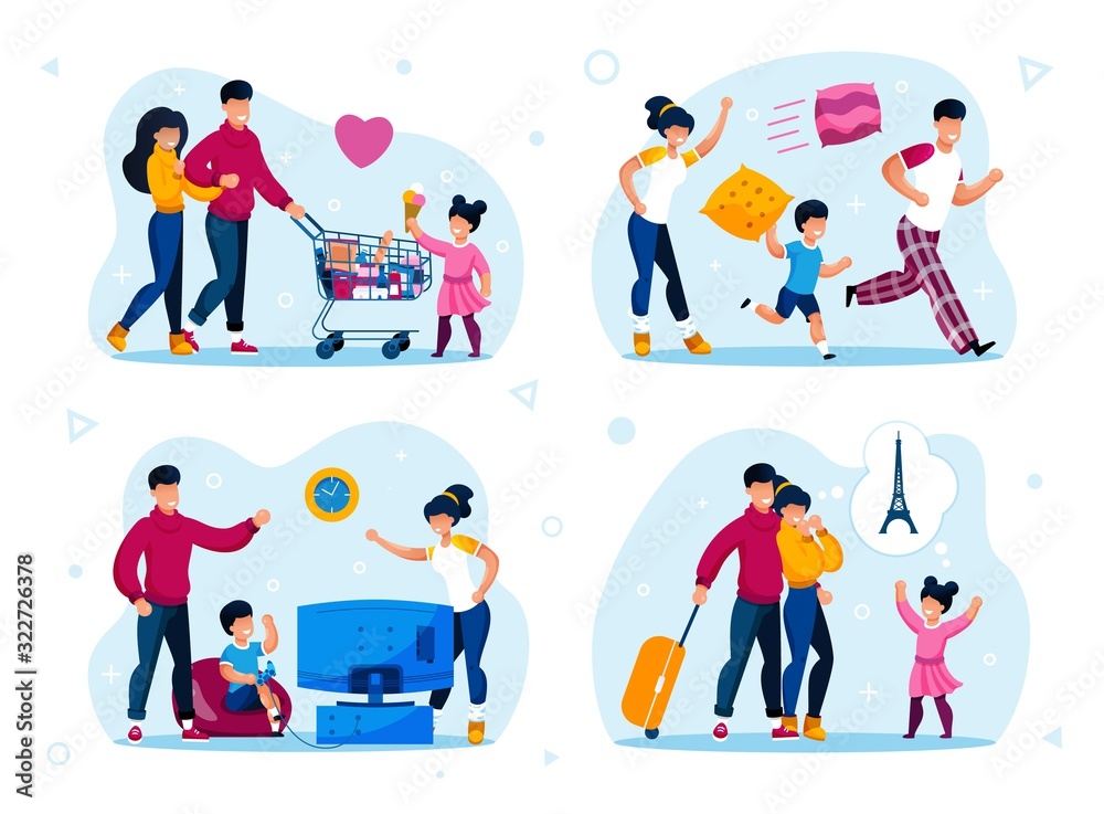 Fototapeta premium Happy Family Home Activities, Vacation Leisure Trendy Flat Vector Concepts Set. Parents with Children Buying Groceries in Store, Relaxing Together at Home, Traveling to Foreign Country Illustrations