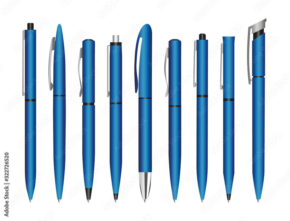 Realistic 3d vector pens. Blue pen for applying corporate identity and