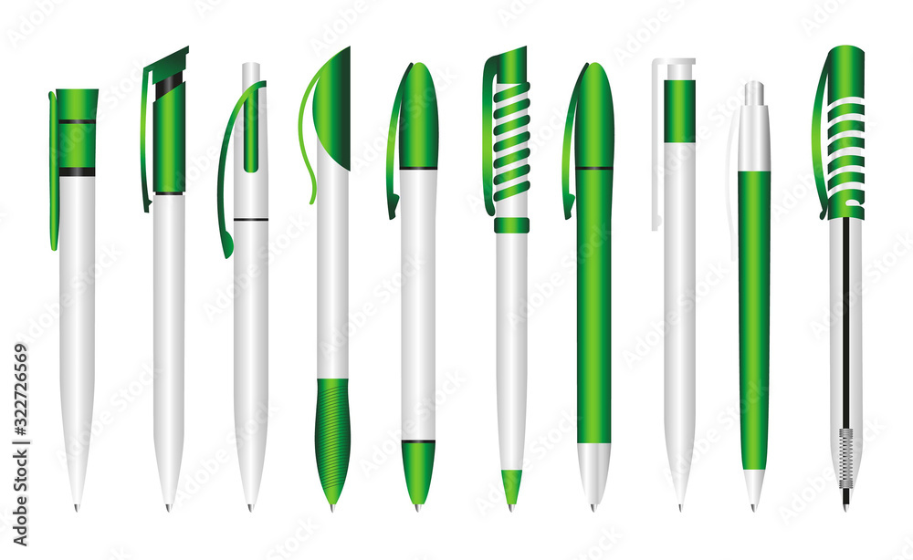 Realistic 3d vector plastic pens. Green pen for applying corporate ...