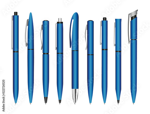 Realistic 3d vector pens. Blue pen for applying corporate identity and stationery branding. Design template, stationery pen mockup.