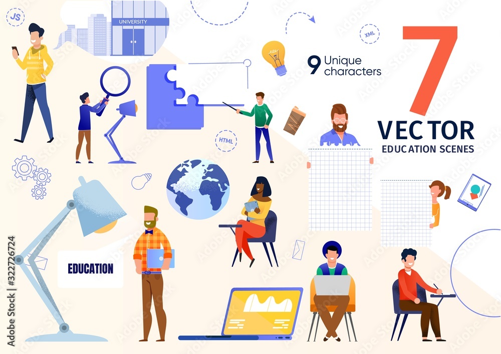 University Students Learning Trendy Flat Vector Scenes Set. Multinational Students Listening Lecture, Working on Laptop, Writing Test, Searching Information Online, Using Cellphone Illustrations
