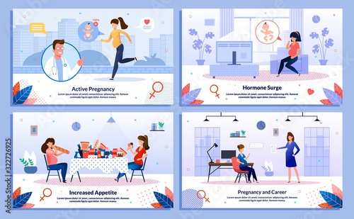 Pregnancy and Career, Pregnant Woman Appetite, Hormone Surge, Healthy Life Trendy Flat Vector Banner, Poster Set. Lady Jogging , Feeling Mood Changes and Sweating, Eating Unhealthy Food Illustration