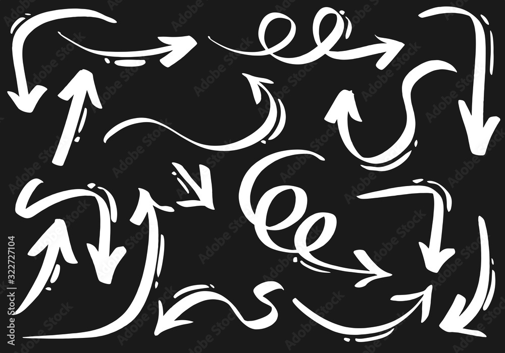 hand drawn arrows vector with doodle style isolated on black background for business element or decorative design. hand drawn arrows vector with doodle style isolated on black background for business element or decorative design.