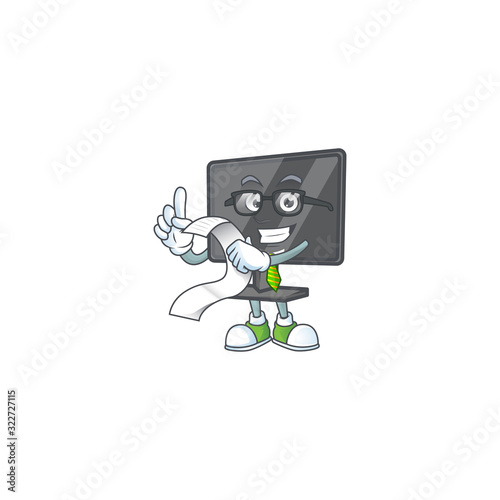 A funny face character of computer screen holding a menu
