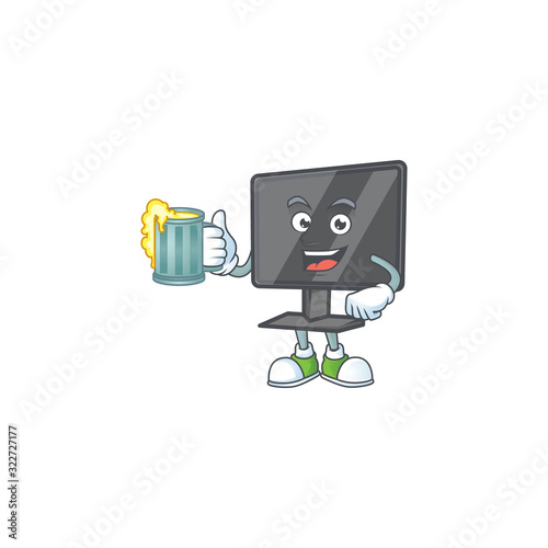 Smiley computer screen mascot design holding a glass of beer