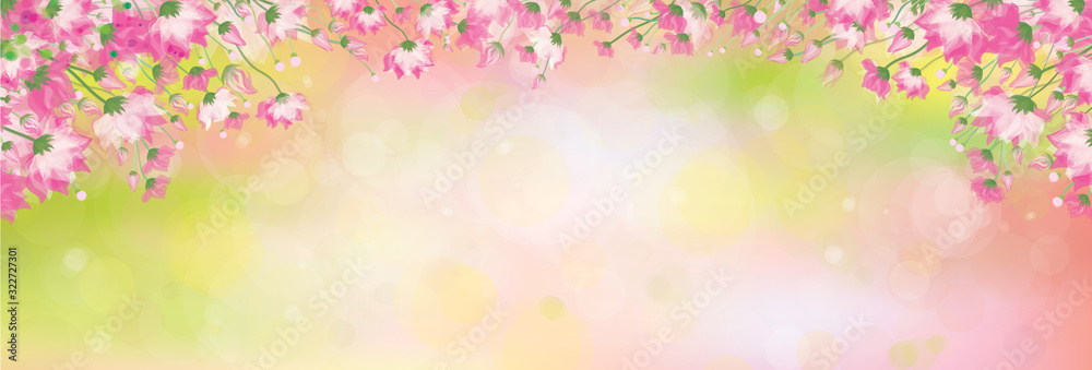 Vector pink floral border on spring, bokeh background.