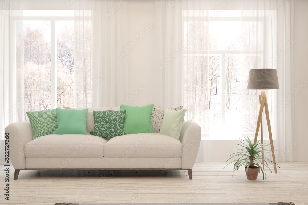 Stylish room in white color with sofa. Scandinavian interior design. 3D illustration Stylish room in white color with sofa. Scandinavian interior design. 3D illustration