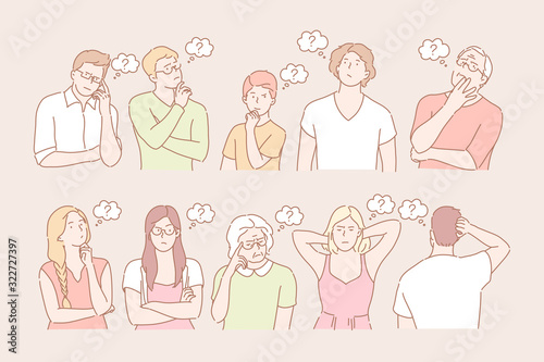 Set of thinking people concept. Illustration of bundle of thoughtful people with question mark. Group of young men and women are thinking and solving problems. Brainstorm process in cartoon style.