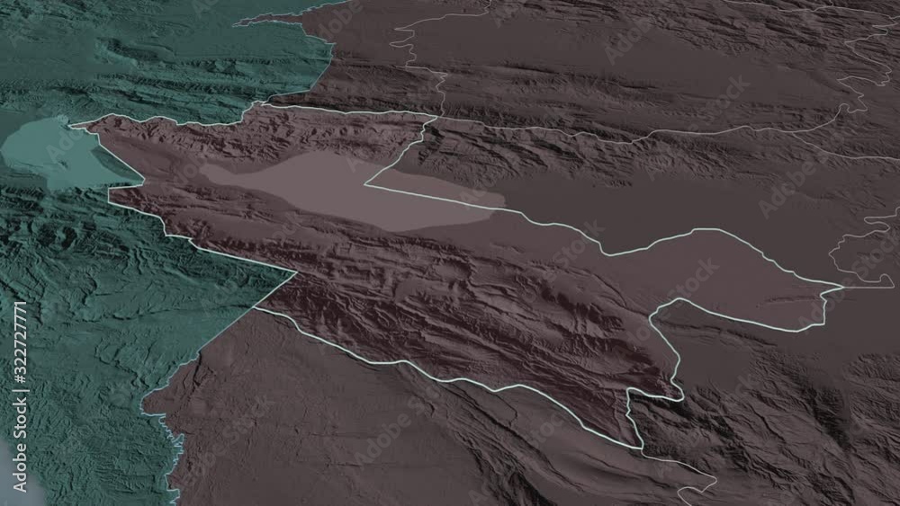 Independencia, province with its capital, zoomed and extruded on the administrative map of Dominican Republic in the conformal Stereographic projection. Animation 3D