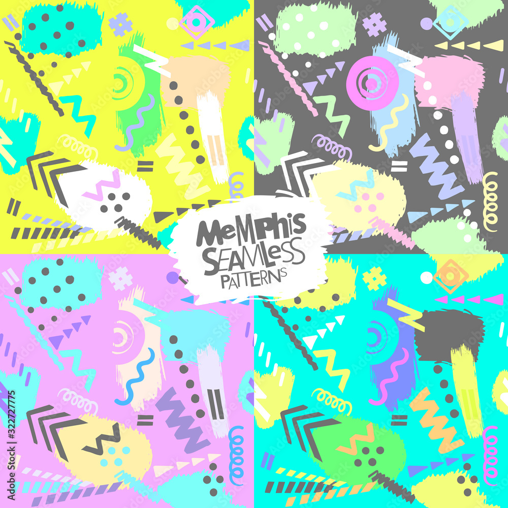 Memphis style seamless patterns set