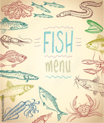 Fish and seafood menu, hand drawn illustration